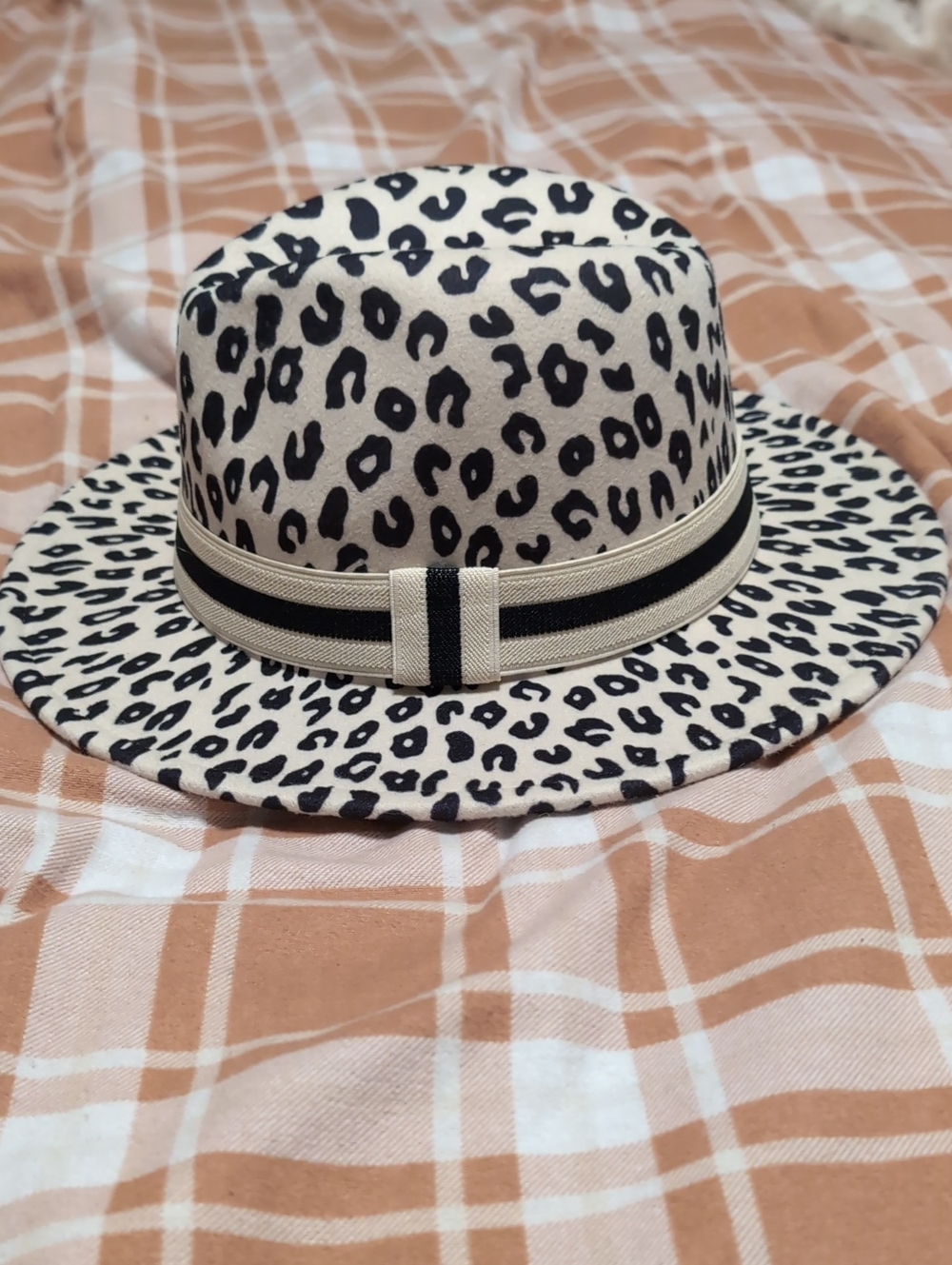 Leopard Print Wide-Brim Fedora Hat - Black & Cream